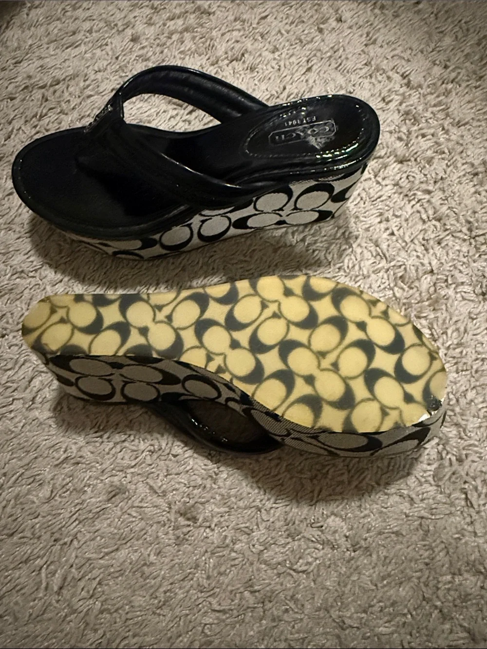 Coach Black Patent Logo Wedge Flip Flops